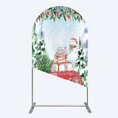 Aperturee - Aperturee Arch Backdrop Christmas Red Truck Winter Snow Cover Watercolor Pine Tree Xmas Decoration Holiday Party Photo Prop