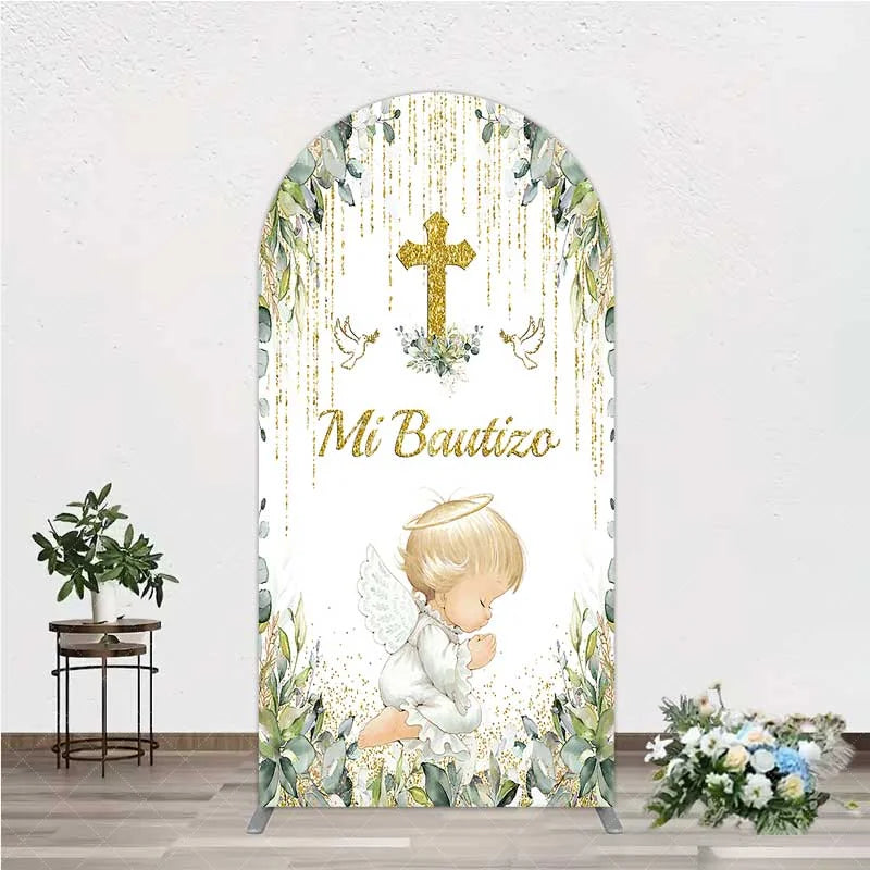 Aperturee - Aperturee Arch Backdrop Mi Bautizo Angel Gold Cross Cover Greenery Eucalyptus Baptism Chiara Wall Background Religious Decor
