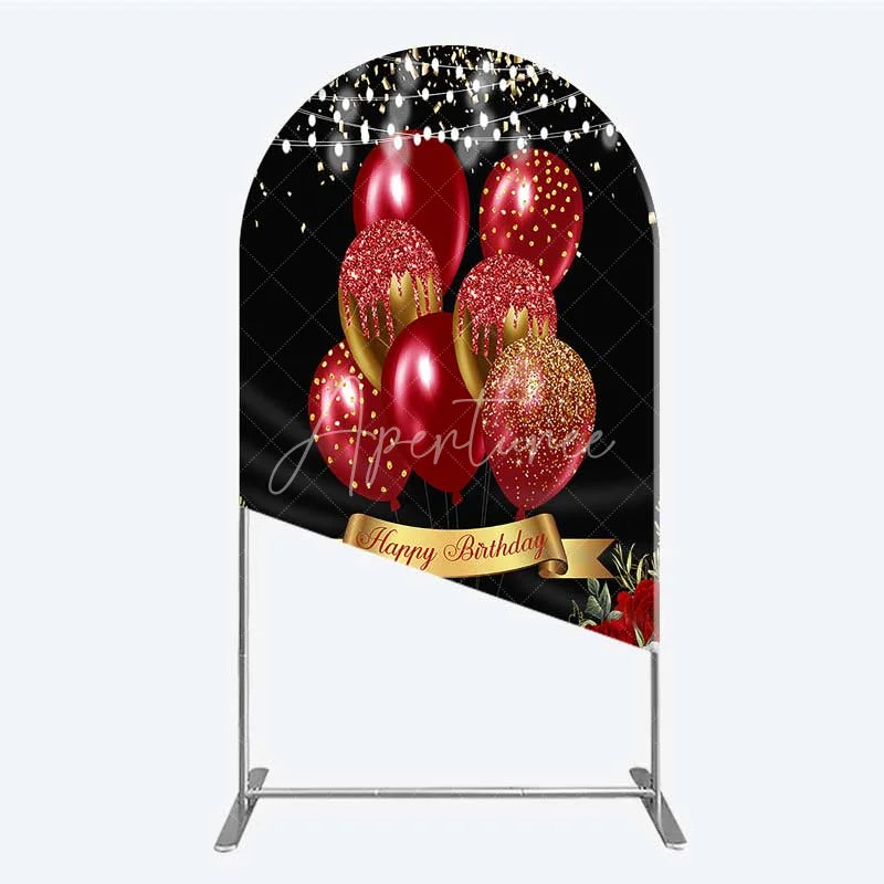 Aperturee - Aperturee Arch Backdrop Red Gold Balloons Happy Birthday Cover Black Floral Rose Chiara Wall Background Party Decoration