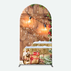 Aperturee - Aperturee Arch Backdrop Rustic Wood Christmas Barn Door Cover Red Wreath Pine Tree Winter Holiday Background Party Prop