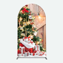 Aperturee - Aperturee Arch Backdrop Rustic Wood Christmas Barn Door Cover Red Wreath Pine Tree Winter Holiday Background Party Prop