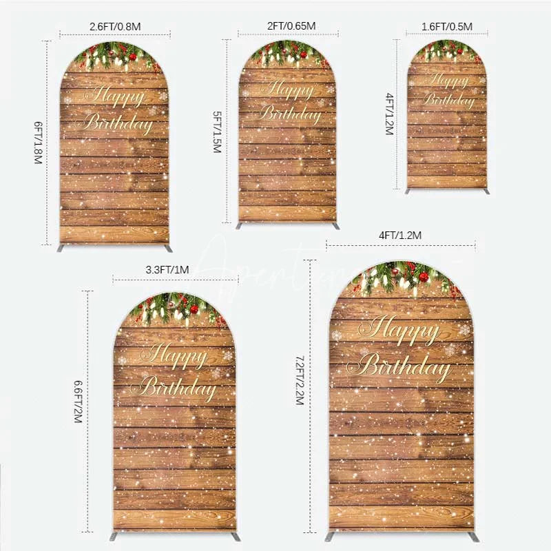 Aperturee - Aperturee Arch Backdrop Rustic Wood Christmas Happy Birthday Cover Winter Pine Tree Light Background Holiday Born Party Decor