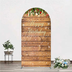 Aperturee - Aperturee Arch Backdrop Rustic Wood Christmas Happy Birthday Cover Winter Pine Tree Light Background Holiday Born Party Decor