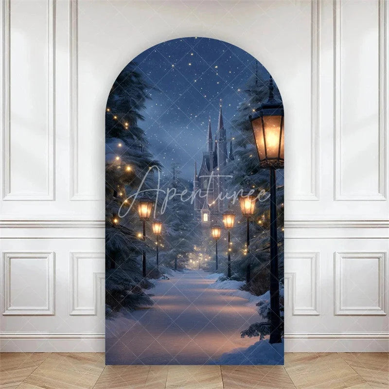 Aperturee - Aperturee Arch Backdrop Winter Night Street Lamp Snow Cover Magical Blue Forest Path Chiara Wall Background Christmas Decor