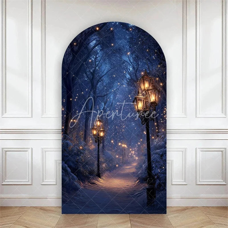 Aperturee - Aperturee Arch Backdrop Winter Night Street Lamp Snow Cover Magical Blue Forest Path Chiara Wall Background Christmas Decor