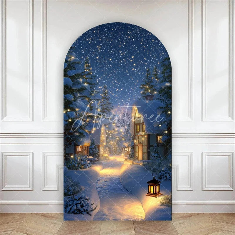 Aperturee - Aperturee Arch Backdrop Winter Night Street Lamp Snow Cover Magical Blue Forest Path Chiara Wall Background Christmas Decor