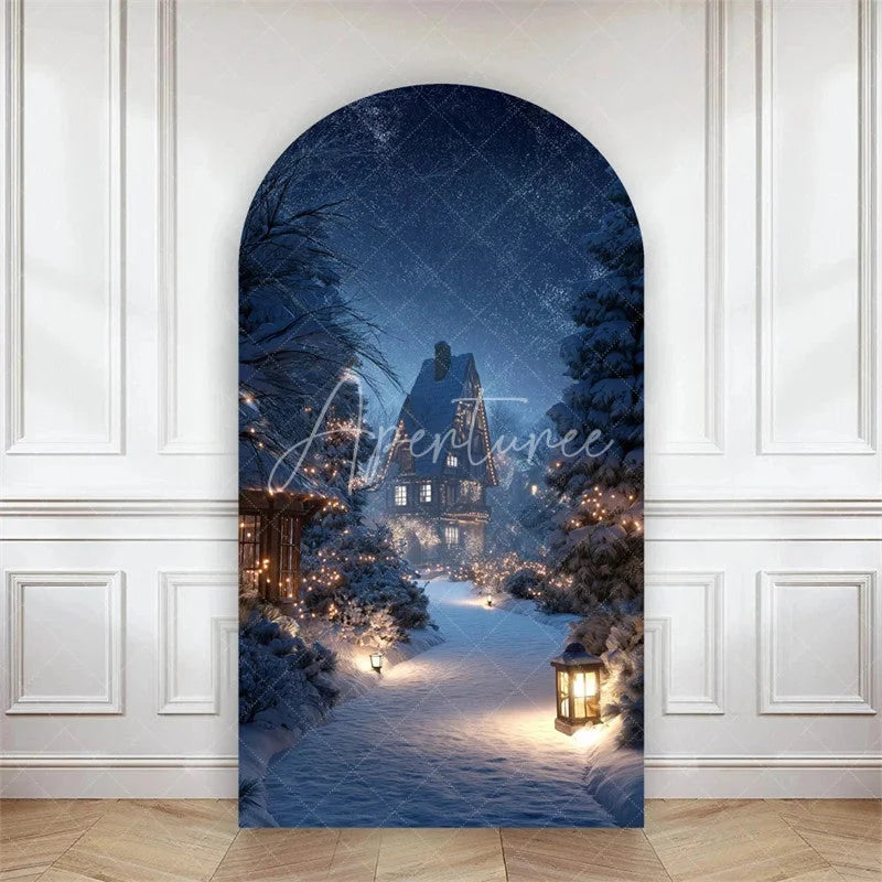 Aperturee - Aperturee Arch Backdrop Winter Night Street Lamp Snow Cover Magical Blue Forest Path Chiara Wall Background Christmas Decor