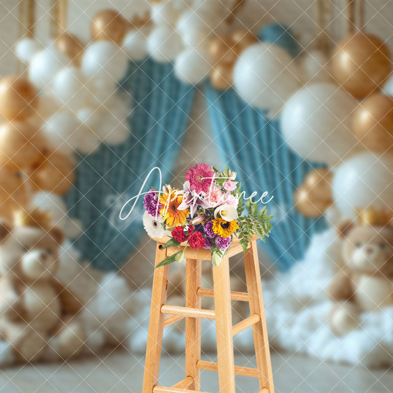 Aperturee - Aperturee Arch Balloons Clouds Bears Cake Smash Photo Backdrop
