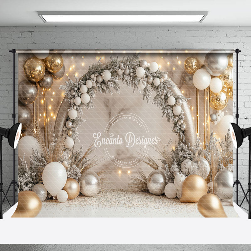 Aperturee - Aperturee Arch Pine Leaves Balloons Snowy Christmas Backdrop