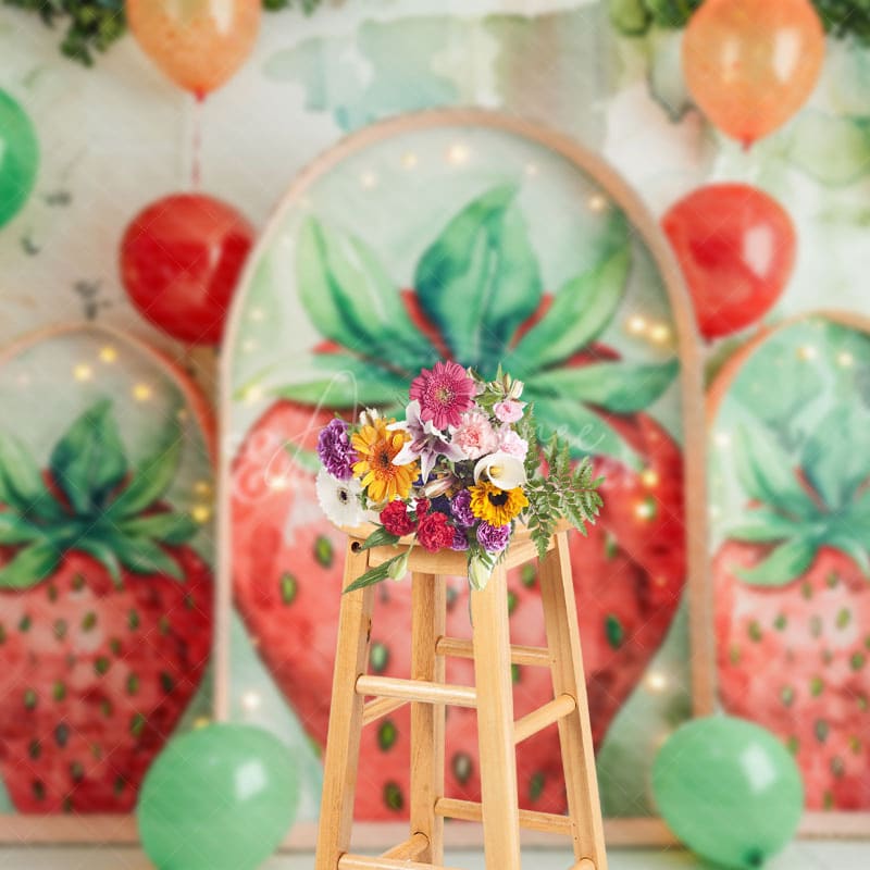 Aperturee - Aperturee Arch Strawberry Balloons Summer Cake Smash Backdrop