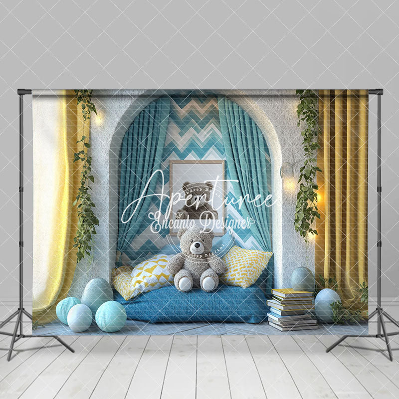 Aperturee - Aperturee Arch Wall Blue Cozy Sofa Bear Cake Smash Backdrop