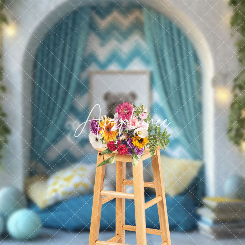 Aperturee - Aperturee Arch Wall Blue Cozy Sofa Bear Cake Smash Backdrop