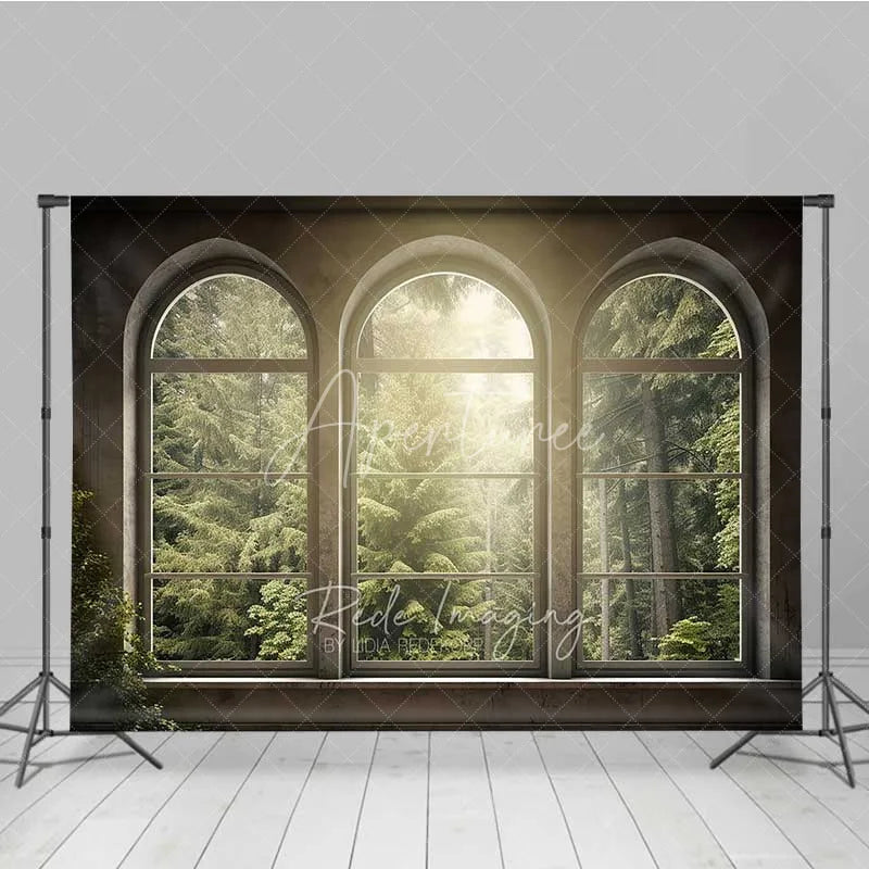 Aperturee - Aperturee Arched Window Forest View Photography Backdrop Sunlight Green Woods Nature Photo Background Indoor Scenery Photo