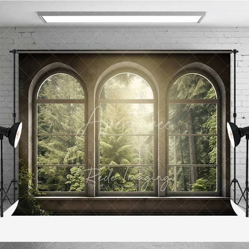 Aperturee - Aperturee Arched Window Forest View Photography Backdrop Sunlight Green Woods Nature Photo Background Indoor Scenery Photo