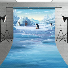 Aperturee - Aperturee Arctic Winter Wonderland Sweep Backdrop with Igloo and Cute Penguins Snowy Landscape for Kids Party Decor