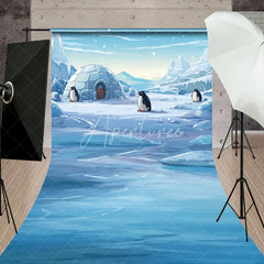Aperturee - Aperturee Arctic Winter Wonderland Sweep Backdrop with Igloo and Cute Penguins Snowy Landscape for Kids Party Decor