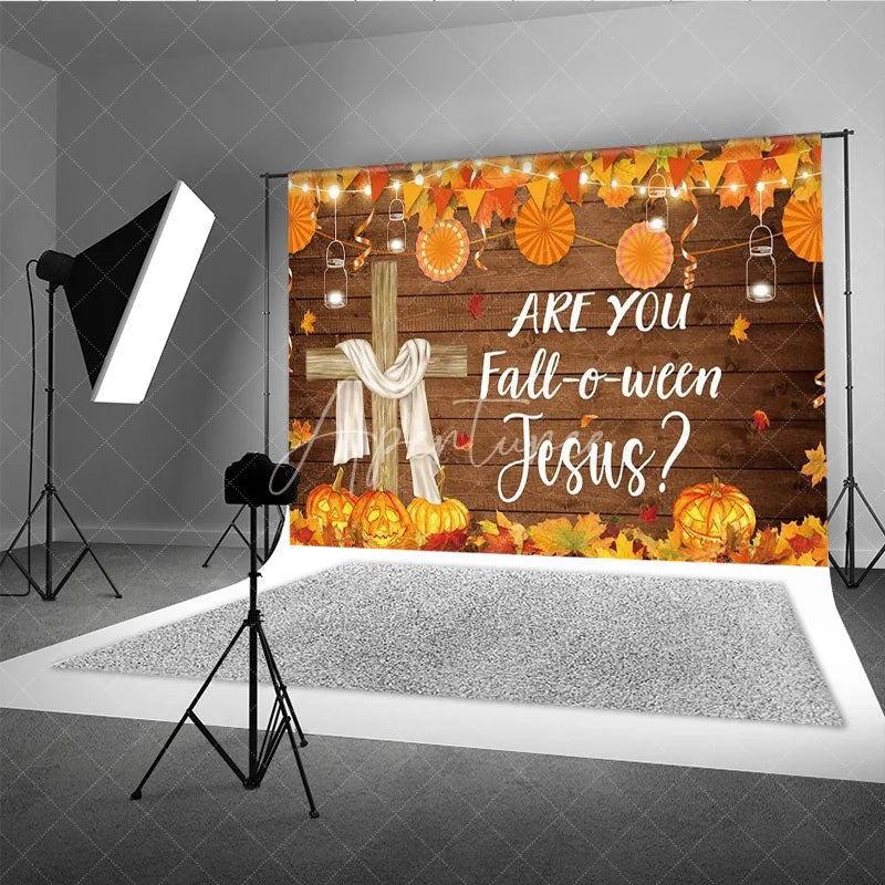 Aperturee - Aperturee Are You Fall-o-ween Jesus Backdrop Christian Autumn Harvest Festival with Cross Rustic Pumpkin Party Decor