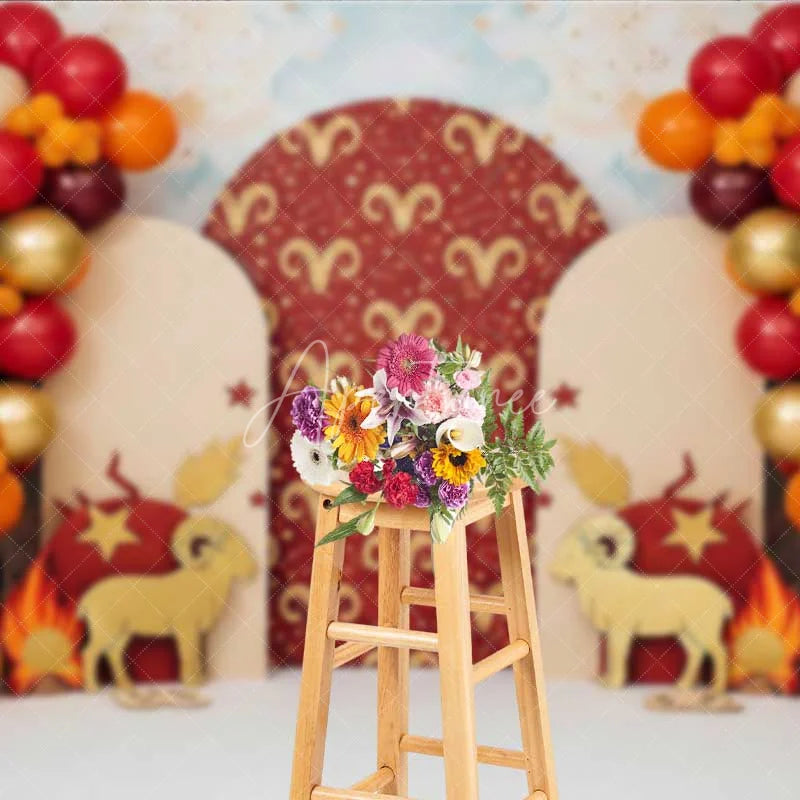 Aperturee - Aperturee Aries Zodiac Cake Smash Backdrop Red and Gold Ram Party Background for Astrology Birthday