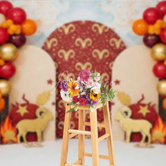 Aperturee - Aperturee Aries Zodiac Cake Smash Backdrop Red and Gold Ram Party Background for Astrology Birthday
