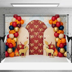 Aperturee - Aperturee Aries Zodiac Cake Smash Backdrop Red and Gold Ram Party Background for Astrology Birthday