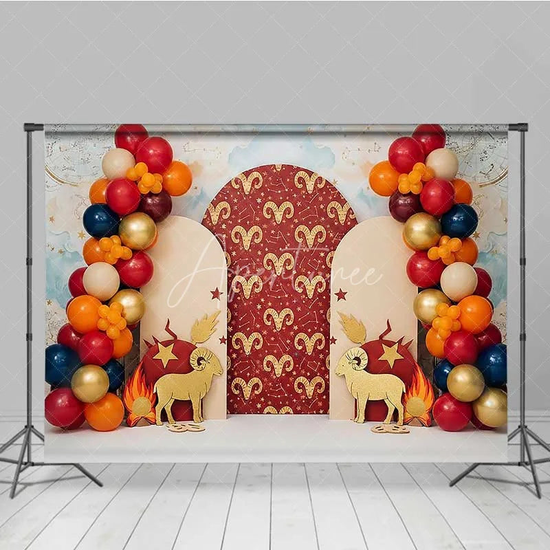 Aperturee - Aperturee Aries Zodiac Cake Smash Backdrop Red and Gold Ram Party Background for Astrology Birthday