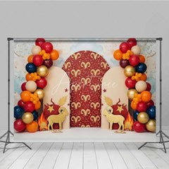 Aperturee - Aperturee Aries Zodiac Cake Smash Backdrop Red and Gold Ram Party Background for Astrology Birthday