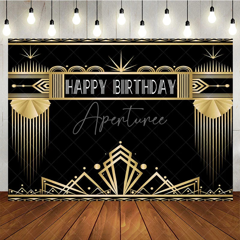 Aperturee - Aperturee Art Deco Gold and Black Happy Birthday Backdrop Gatsby Style Geometric Party Banner for Photography