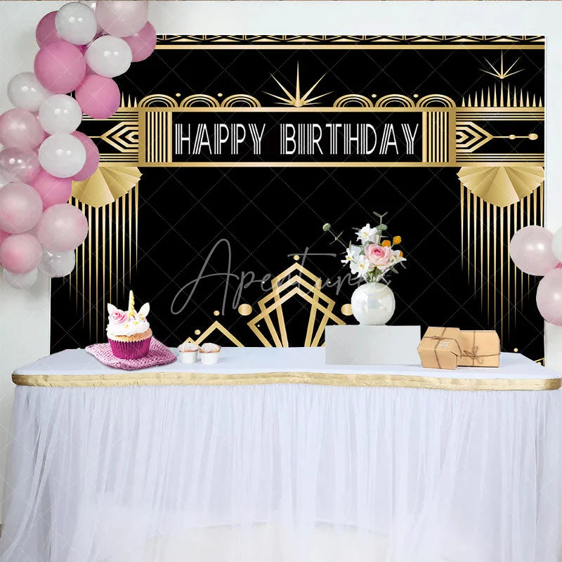 Aperturee - Aperturee Art Deco Gold and Black Happy Birthday Backdrop Gatsby Style Geometric Party Banner for Photography