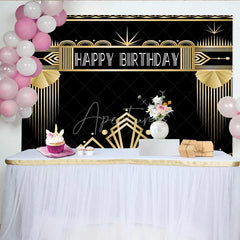 Aperturee - Aperturee Art Deco Gold and Black Happy Birthday Backdrop Gatsby Style Geometric Party Banner for Photography