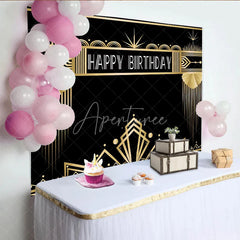 Aperturee - Aperturee Art Deco Gold and Black Happy Birthday Backdrop Gatsby Style Geometric Party Banner for Photography