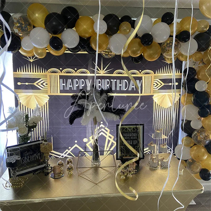 Aperturee - Aperturee Art Deco Gold and Black Happy Birthday Backdrop Gatsby Style Geometric Party Banner for Photography