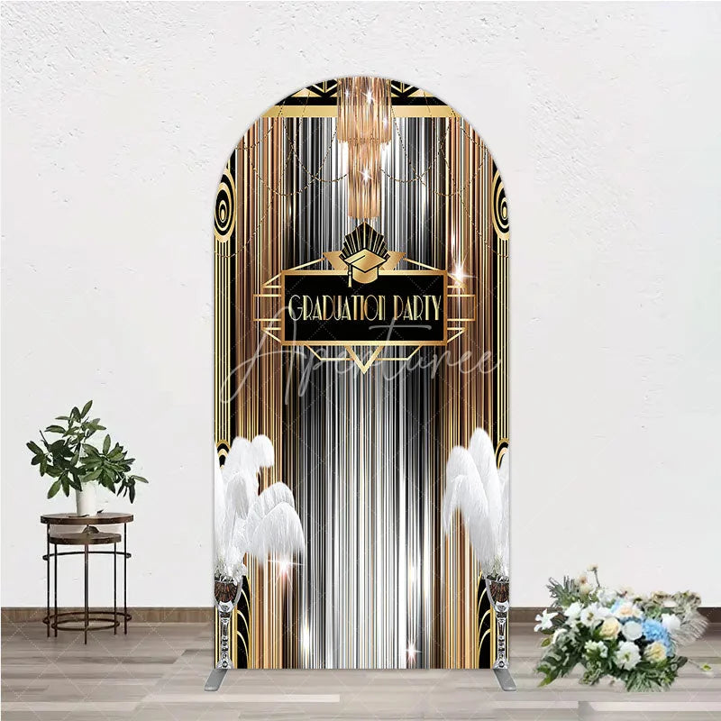 Aperturee - Aperturee Art Deco Graduation Arch Backdrop Black Gold Roaring 20s Feathers Background Class of 2024 Party Arch Cover Decor