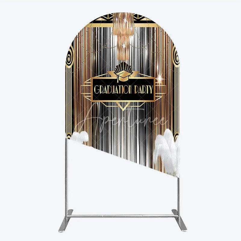 Aperturee - Aperturee Art Deco Graduation Arch Backdrop Black Gold Roaring 20s Feathers Background Class of 2024 Party Arch Cover Decor