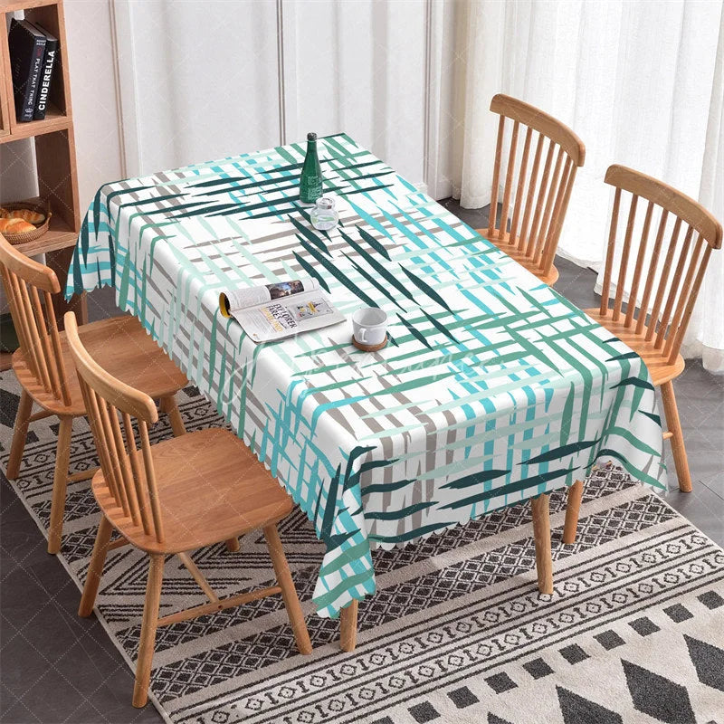 Aperturee - Aperturee Artistic Abstract Brushstroke Rectangle Tablecloth Modern Blue Green Grey Pattern for Dining and Party Decor