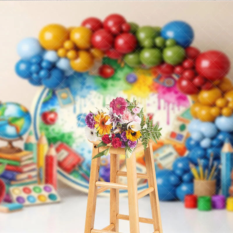 Aperturee - Aperturee Artistic Back To School Backdrop Paint Splatter Globe Books Apple Background Student Photography Banner