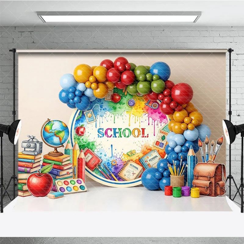 Aperturee - Aperturee Artistic Back To School Backdrop Paint Splatter Globe Books Apple Background Student Photography Banner