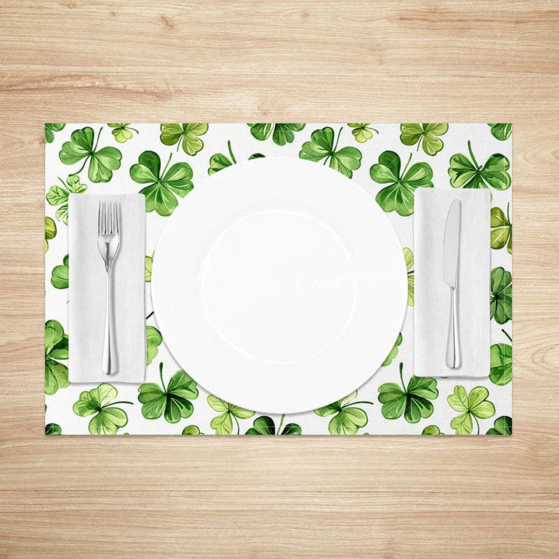 Aperturee - Aperturee Artistic Green Leaves Set of 4 Placemats St. Patricks Day Watercolor Shamrock Dining Table Mats