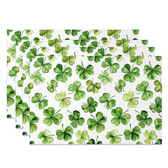 Aperturee - Aperturee Artistic Green Leaves Set of 4 Placemats St. Patricks Day Watercolor Shamrock Dining Table Mats