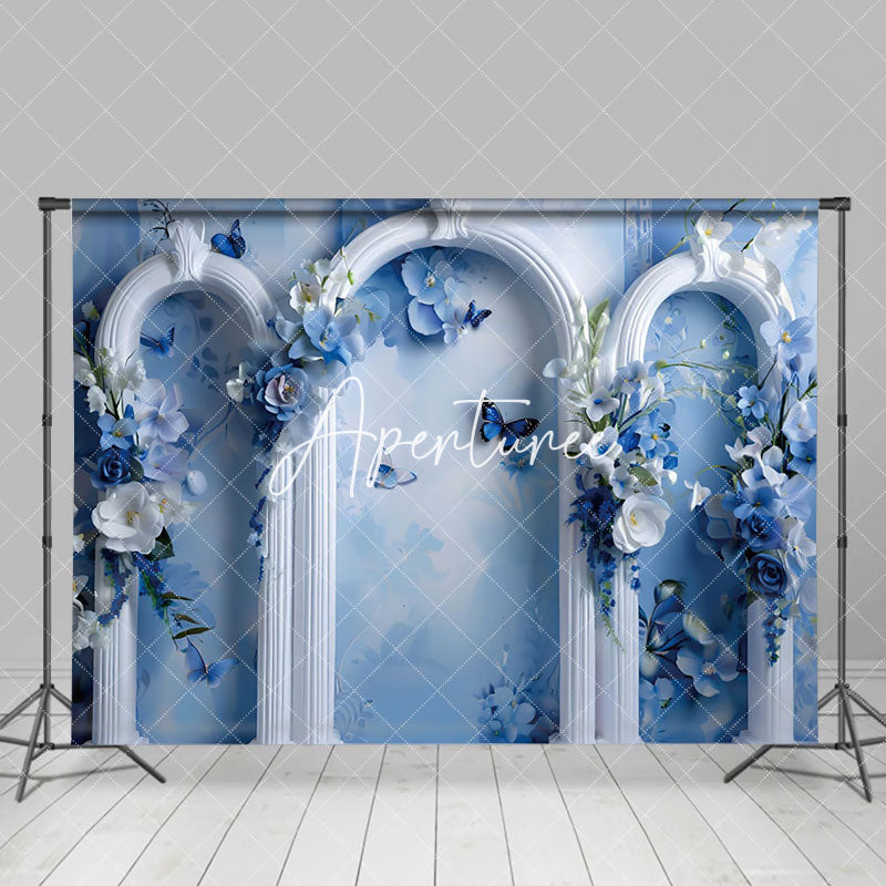 Aperturee - Aperturee Artistic White Blue Arch Wall Floral Wedding Backdrop