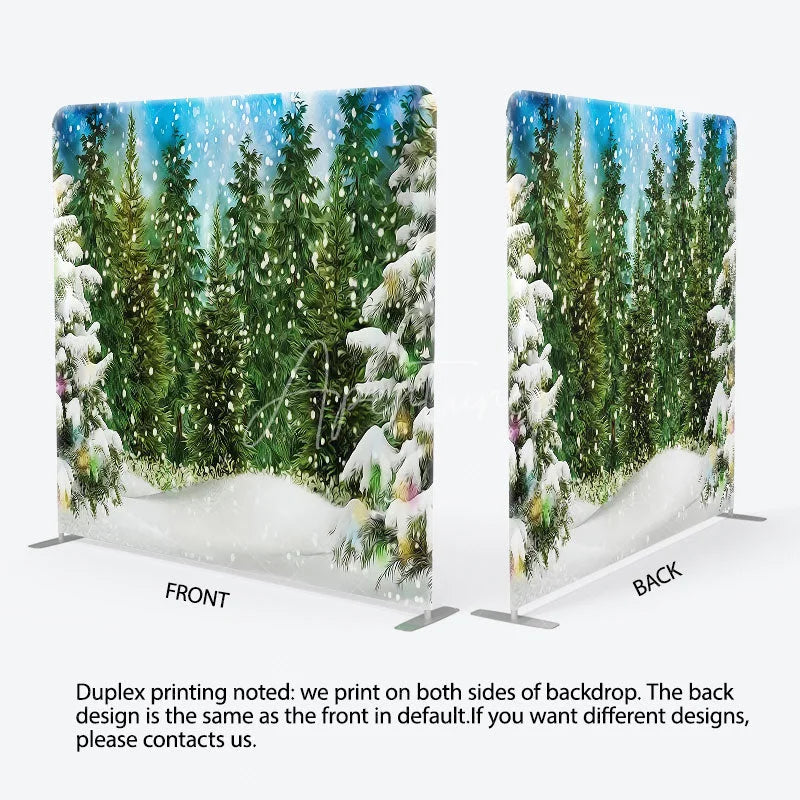 Aperturee - Aperturee Artistic Winter Forest Tension Fabric Backdrop Green Pine Tree Snowing Background Painted Nature Decoration