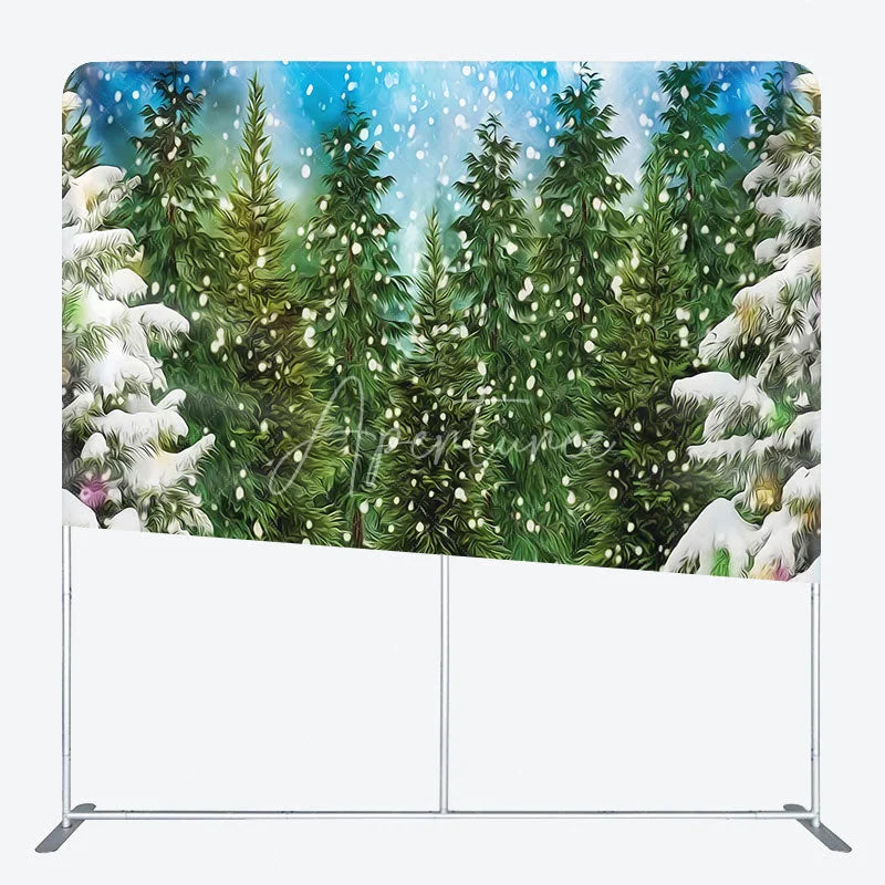 Aperturee - Aperturee Artistic Winter Forest Tension Fabric Backdrop Green Pine Tree Snowing Background Painted Nature Decoration