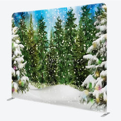 Aperturee - Aperturee Artistic Winter Forest Tension Fabric Backdrop Green Pine Tree Snowing Background Painted Nature Decoration