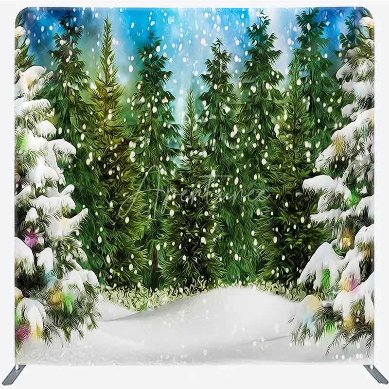 Aperturee - Aperturee Artistic Winter Forest Tension Fabric Backdrop Green Pine Tree Snowing Background Painted Nature Decoration