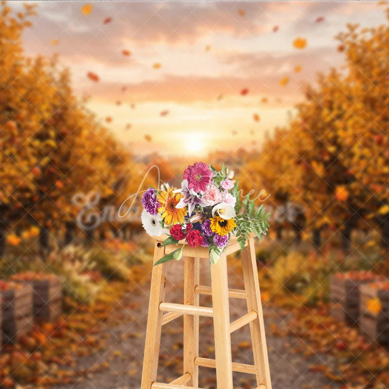 Aperturee - Aperturee Autumn Apple Orchard Photography Backdrop Golden Leaves and Rustic Path with Harvest Crates at Sunset