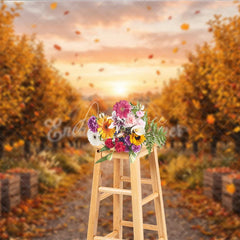 Aperturee - Aperturee Autumn Apple Orchard Photography Backdrop Golden Leaves and Rustic Path with Harvest Crates at Sunset