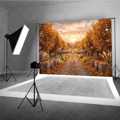 Aperturee - Aperturee Autumn Apple Orchard Photography Backdrop Golden Leaves and Rustic Path with Harvest Crates at Sunset