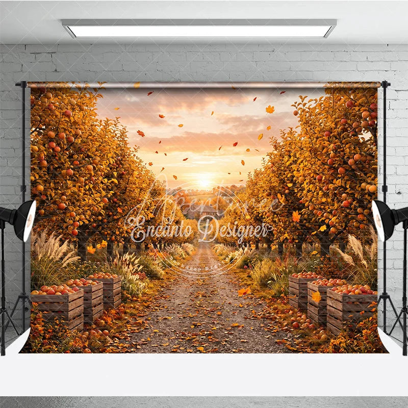 Aperturee - Aperturee Autumn Apple Orchard Photography Backdrop Golden Leaves and Rustic Path with Harvest Crates at Sunset