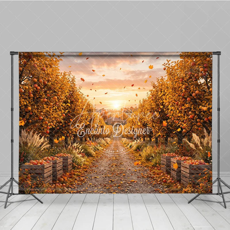 Aperturee - Aperturee Autumn Apple Orchard Photography Backdrop Golden Leaves and Rustic Path with Harvest Crates at Sunset
