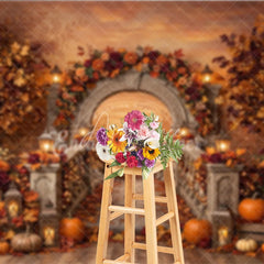 Aperturee - Aperturee Autumn Archway Photography Backdrop with Stone Staircase Fall Foliage Pumpkins and Glowing Lanterns Decor
