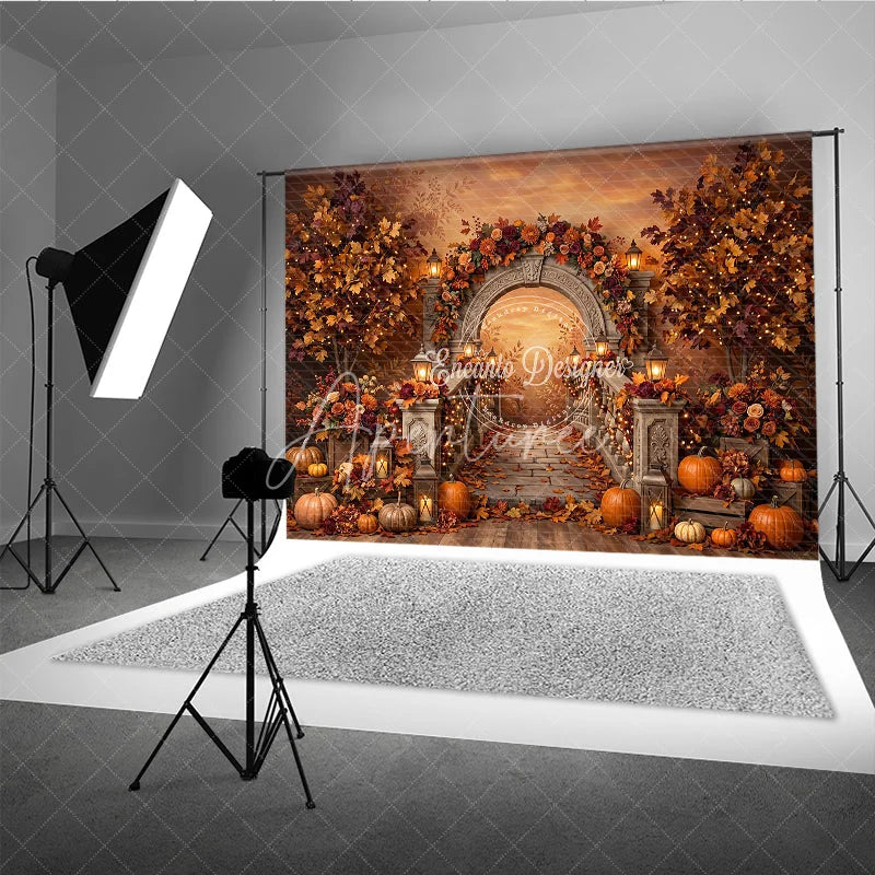 Aperturee - Aperturee Autumn Archway Photography Backdrop with Stone Staircase Fall Foliage Pumpkins and Glowing Lanterns Decor